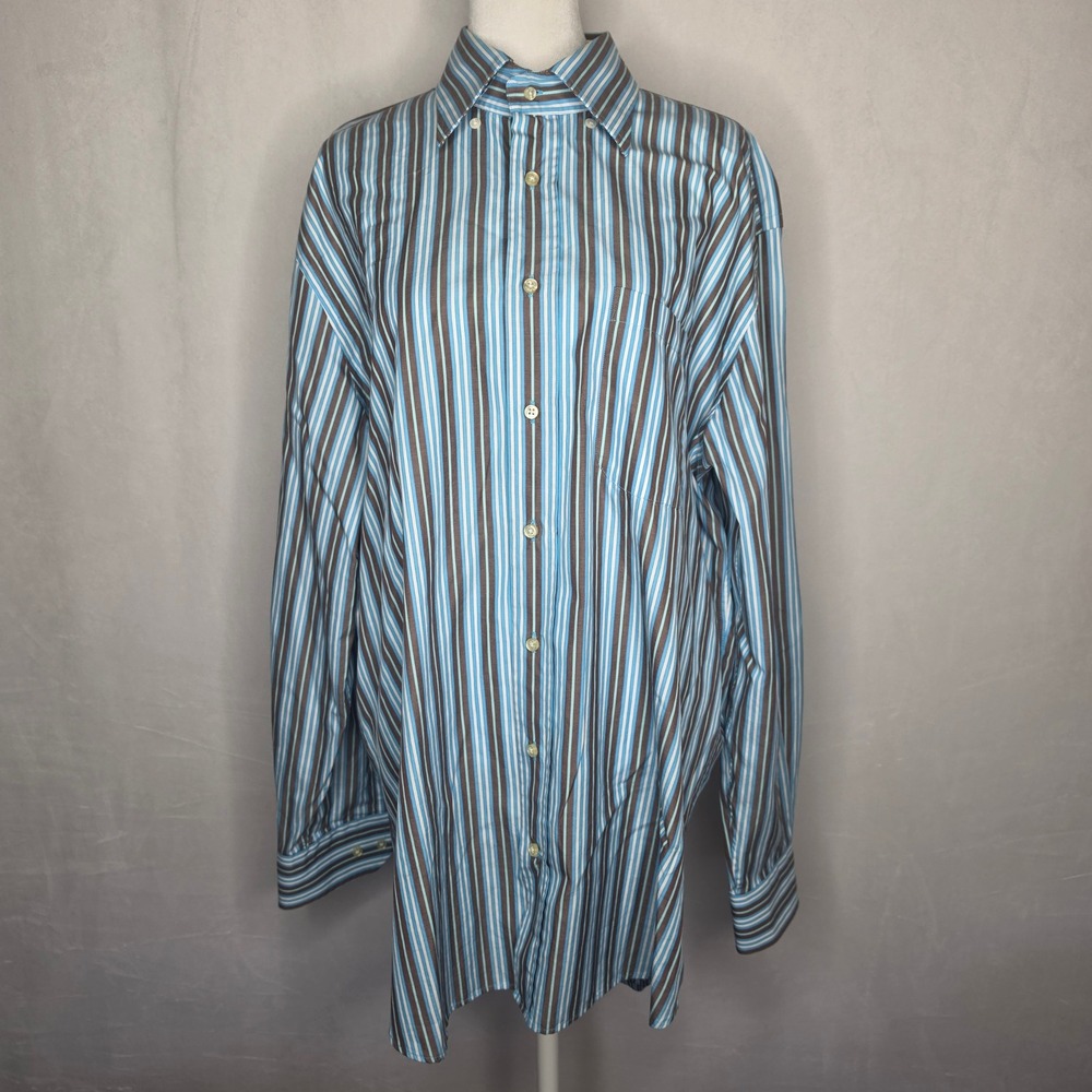 Peter Millar Tailored Fit Mens Large Blue Brown Striped Cotton Button Down Shirt